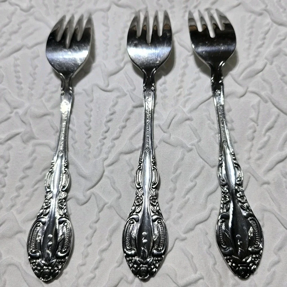 Springtime Stainless Steel Salad Forks‎ Set Of 3 Ornate Handles Japan Vintage